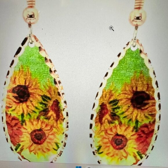 Handmade Boho Copper Earrings, Diamond Cut Van Gogh Sunflowers Earrings, Gift B - Picture 10 of 10